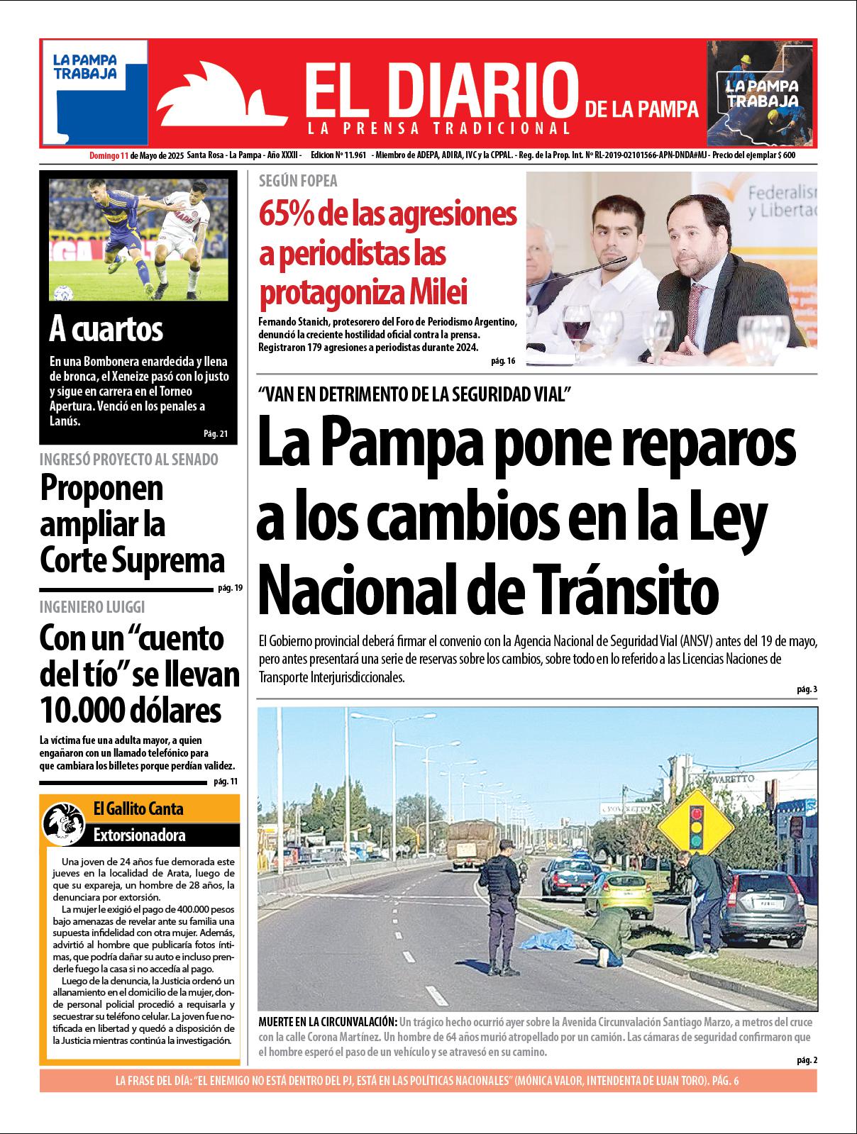 Tapa de El Diario en papel  domingo 11 de mayo de 2025